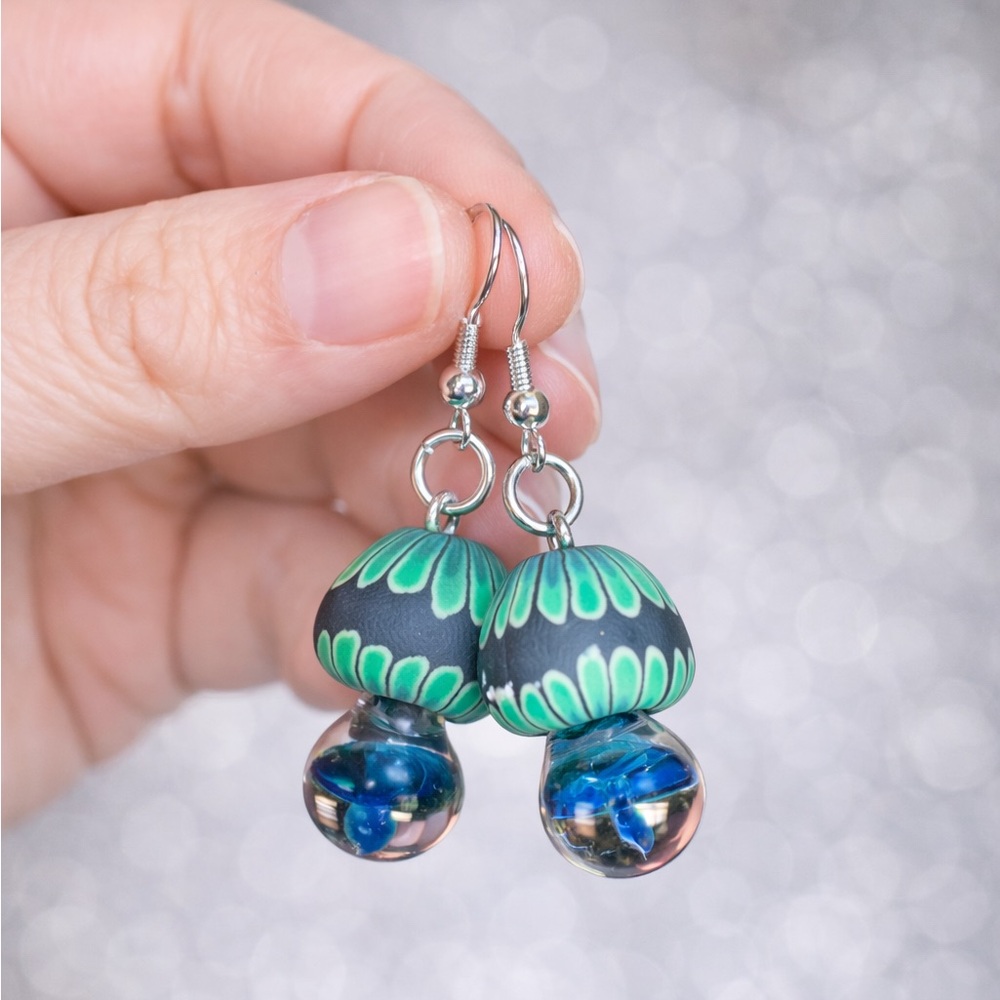 Green and Blue Glass Floral Drop Earrings - Artisan Women Jewelry